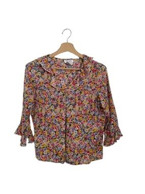 TESS Paris-Milano Floral Print Top Silk Ruffle Trim Sleeve Size Small